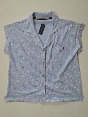 NWT Tommy Hilfiger Sleepwear Top Womens Medium Blue White Floral Button Down